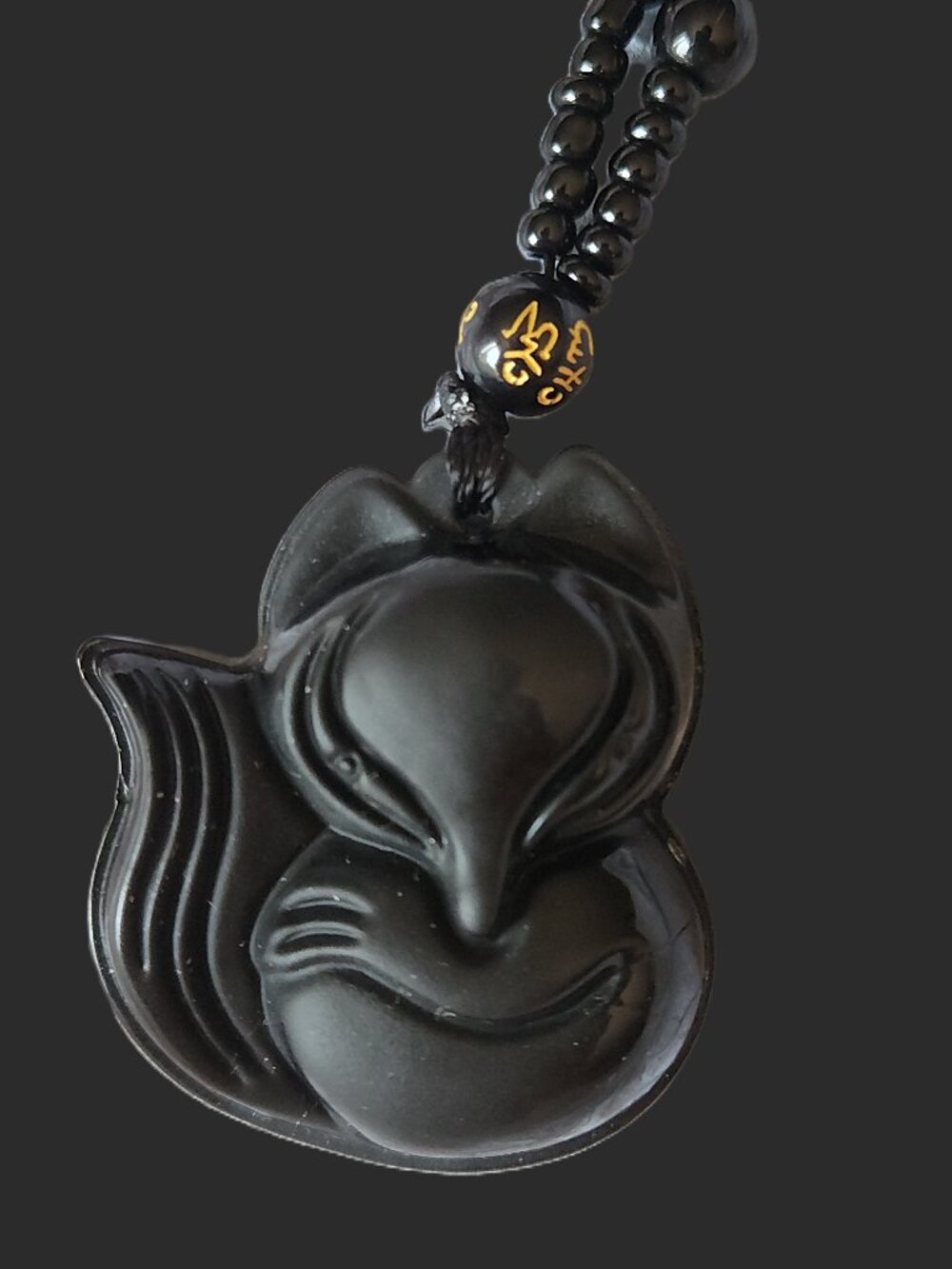 BLACK Carved Fox OBSIDIAN Pendant with Beads Necklace